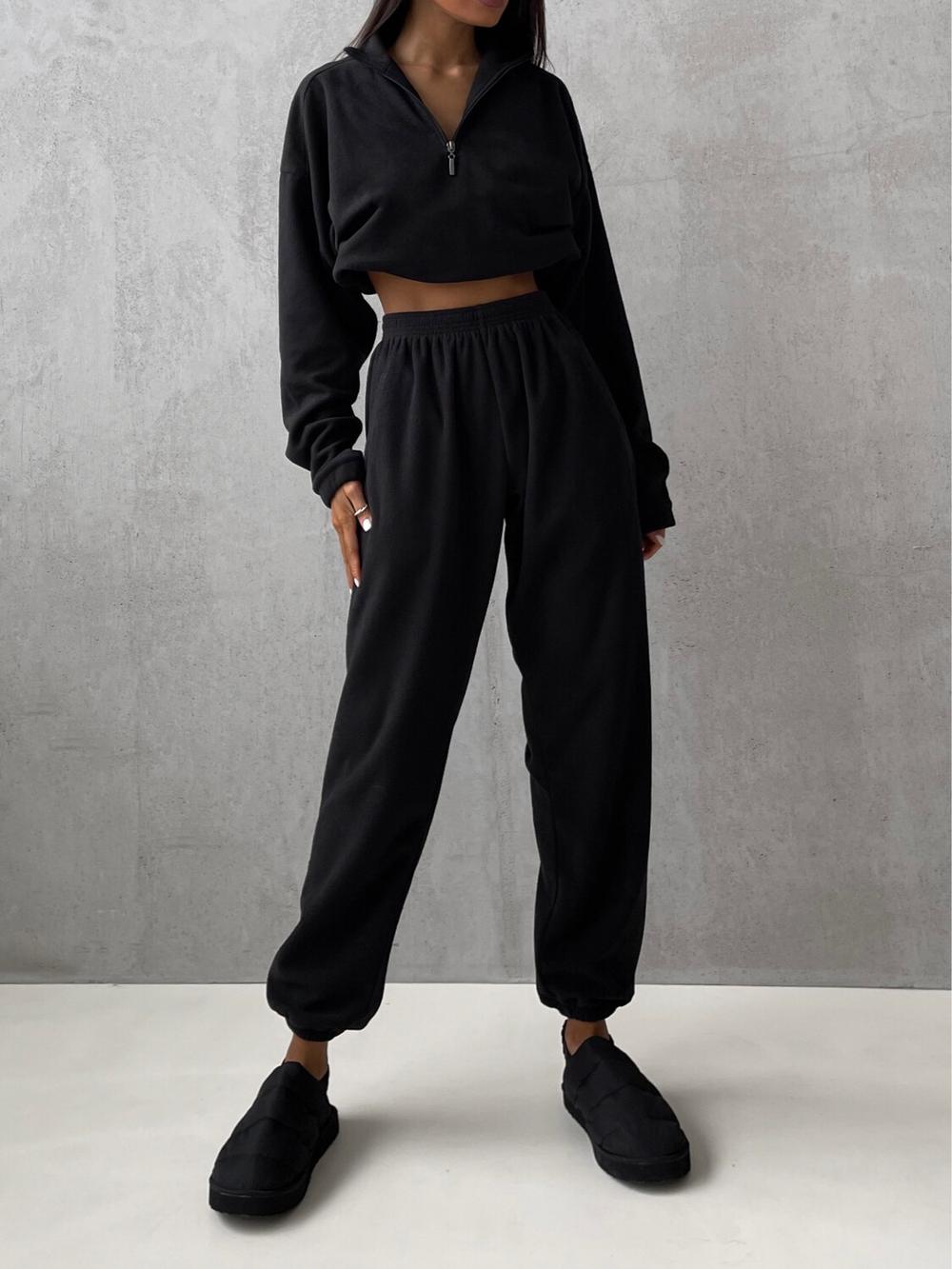 Спортивный костюм флисовый со свободными штанами (Черный)
