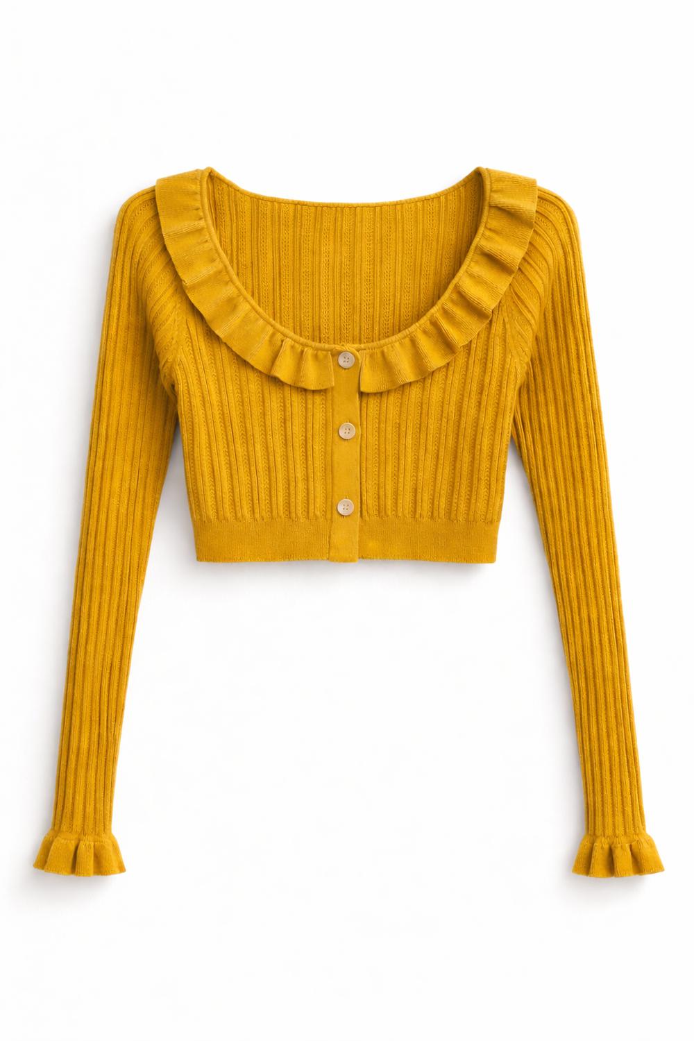 Короткий кардиган с рюшами (Горчичный)